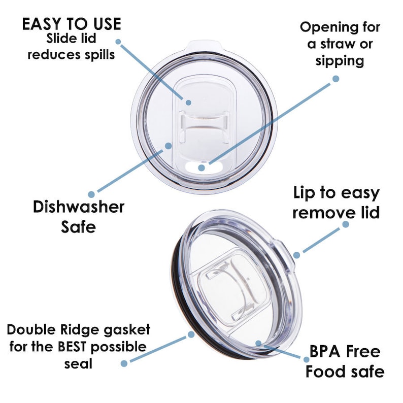 May include: Clear plastic tumbler lid with a black rim. Features include a slide lid, opening for a straw, and a lip for easy removal. Text indicates it is dishwasher safe, BPA free, and food safe.