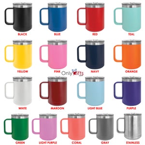 May include: A collection of insulated travel mugs in various colors, including black, blue, red, teal, yellow, pink, navy, orange, white, maroon, light blue, purple, green, light purple, coral, gray, and stainless steel. Each mug has a handle and a silver lid.