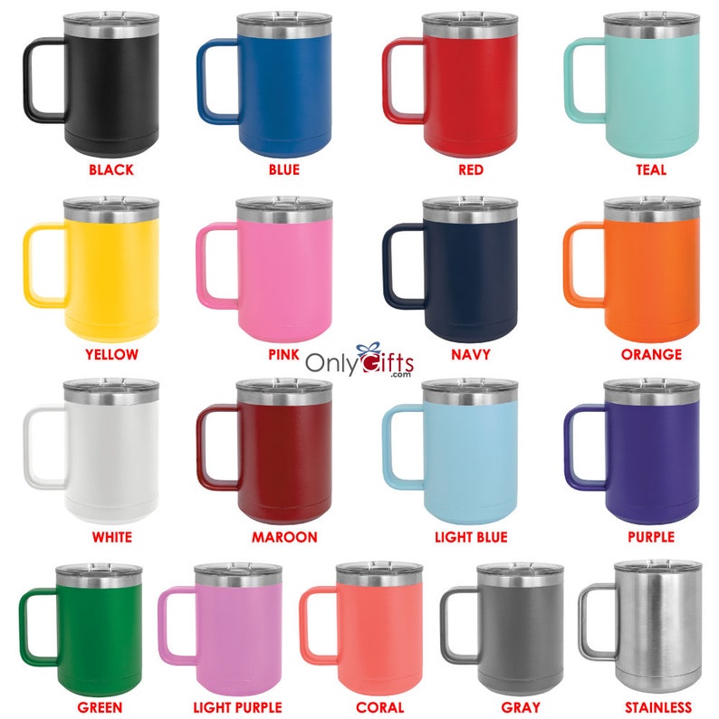 May include: A collection of insulated travel mugs in various colors, including black, blue, red, teal, yellow, pink, navy, orange, white, maroon, light blue, purple, green, light purple, coral, gray, and stainless steel. Each mug has a handle and a silver lid.