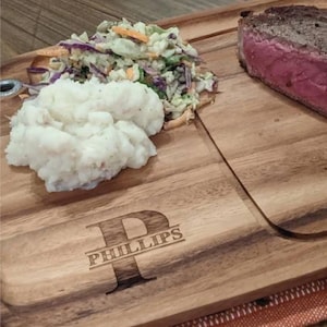 Personalized Steak Plate | 16 Monogram Design Options | Laser Engraved Acacia Wood BBQ Serving Plates