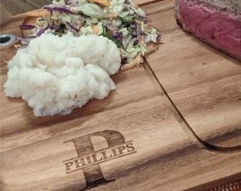Personalized Steak Plate | 16 Monogram Design Options | Laser Engraved Acacia Wood BBQ Serving Plates