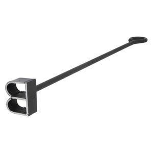 May include: A black metal branding iron featuring a capital letter B at the end of a long, slender rod. The rod terminates in a small circular loop at the handle end, and the letter B is constructed from thick, flat metal strips for marking.