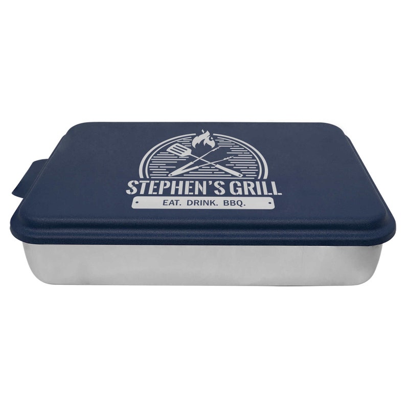 May include: A blue metal baking pan with a lid. The lid has a white logo that says "Stephen's Grill Eat. Drink. BBQ."