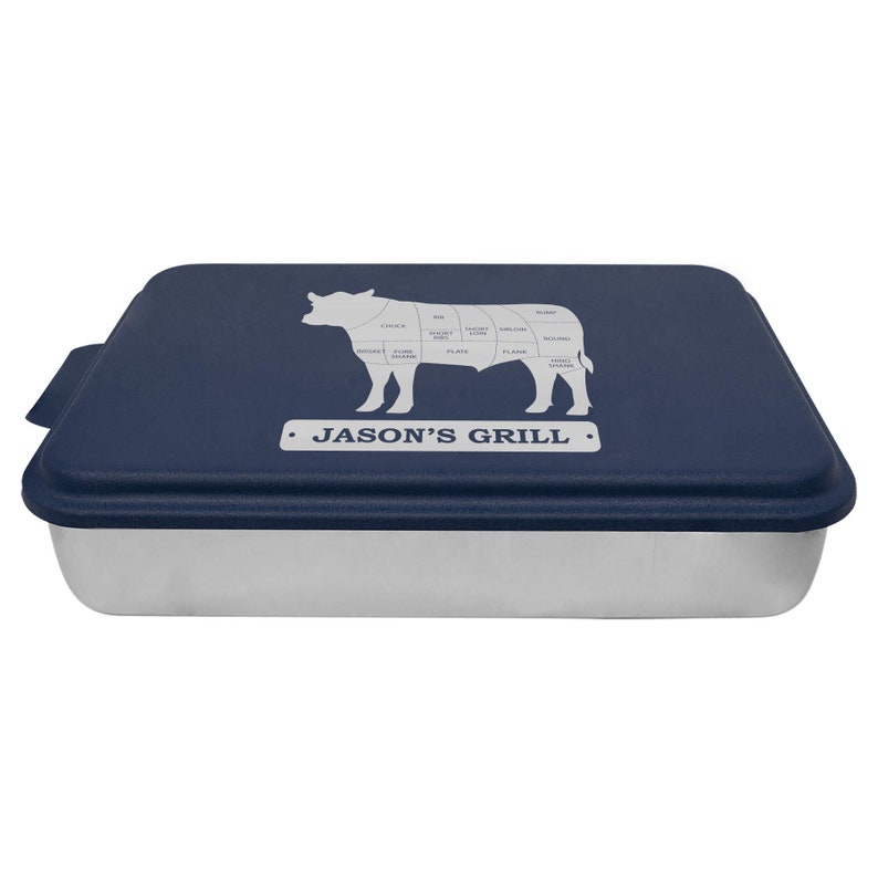 May include: A blue baking pan with a white silhouette of a cow with different cuts of meat labeled. The pan has a lid and the text "JASON'S GRILL" is printed on the lid.