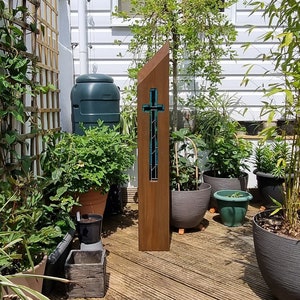 Wood and Glass Sculpture Sky Blue Cross