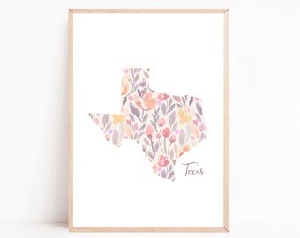 ANY STATE, State Print, State Prints, State Printable, State Print Art, State Prints Watercolor, Floral State, Floral States Texas Printable