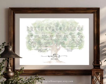May include: A framed family tree print featuring a watercolor illustration of a large oak tree with green foliage. The chart displays names and dates connected by lines, with the text "Walters EST 2020" centered at the bottom of the tree trunk.