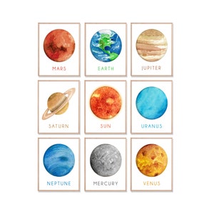 Puede incluir: Un conjunto de nueve ilustraciones de acuarela de los planetas de nuestro sistema solar. Cada planeta se representa en un marco cuadrado con su nombre escrito debajo. Los planetas son Marte, Tierra, Júpiter, Saturno, Sol, Urano, Neptuno, Mercurio y Venus.