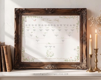 May include: A framed family tree chart titled The Caine Family, featuring names and dates arranged in a branching diagram. The white paper has green vine illustrations, small butterflies, and a central monogram. The frame is dark brown with ornate carvings.