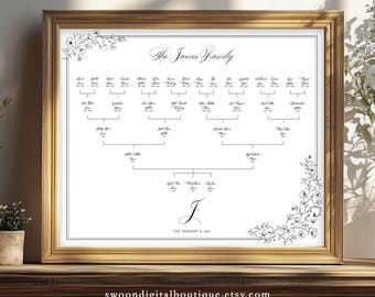 May include: A black and white printable family tree chart with the text "The James Family" at the top. The chart is decorated with floral designs and the text "EST JANUARY 20, 2018".