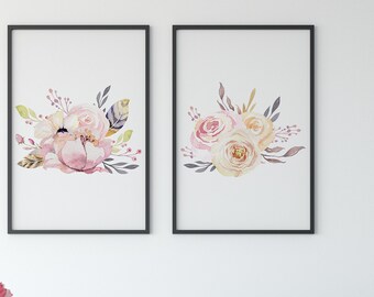 Romantic Bouquets 8" x 10" Printable - 3 Different Prints Wall Art Inspirational Watercolor Flowers, Minimalist Bohemian Illustration