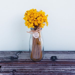 Dried Yellow Flowers in Milk Bottle Vase with Charm / Dried Flower Arrangement / Preserved Flowers