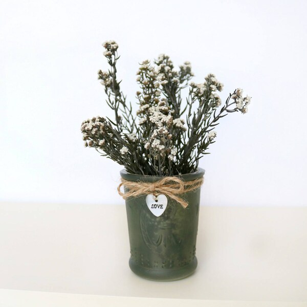 Love Dried Flowers In Mini Green Vase // Rustic Home Decor Woodland Decor Burlap Housewarming Gift Birthday Gift