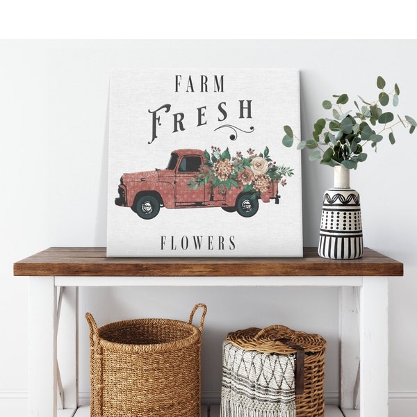 Farmhouse Fresh Flowers Red Truck Square Canvas Wall Art, Modern Farmhouse Home Decor