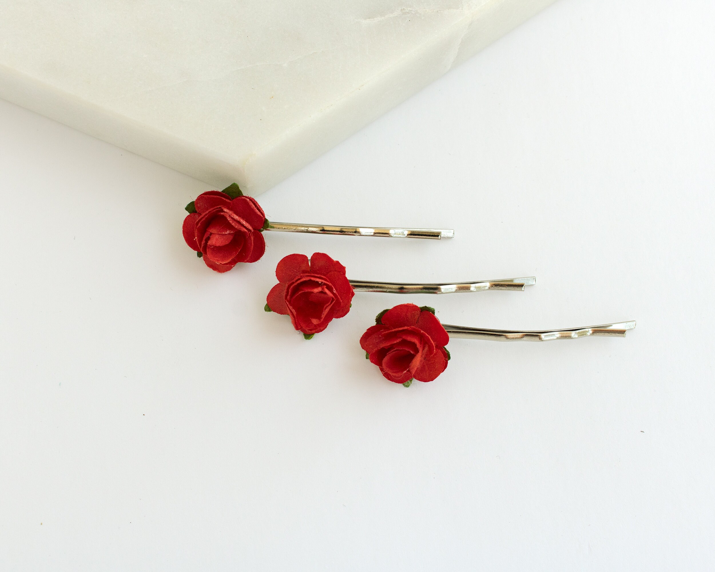 Red Rose Hair Pins Set Etsy