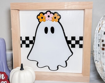 Cute Boho Flower Ghost Halloween Ghost Decor - Retro Groovy Halloween Decor - Suburban Farmhouse - Spooky Season Decor-Trendy 2023 Halloween