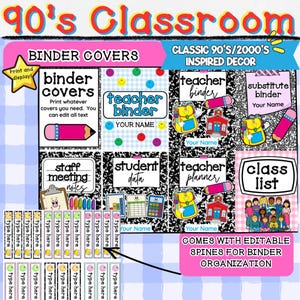 May include: A digital set of 90's classroom binder covers and editable spines featuring black and white composition notebook patterns, colorful pencil graphics, schoolhouse illustrations, and text including binder covers, teacher binder, and class list.