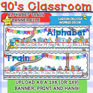 May include: A 90's Classroom Alphabet Train banner file featuring two horizontal rows of train cars. Each car displays a letter of the alphabet from A to Z, accompanied by colorful animal illustrations, train tracks, and festive bunting flags.