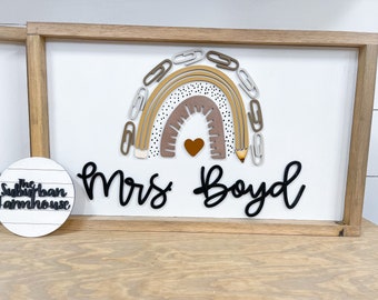 Rainbow Teacher Name Sign The Suburban Farmhouse - Teacher Name Sign - Boho Rainbow - Boho Classroom - Classroom Sign - Gift for Teacher