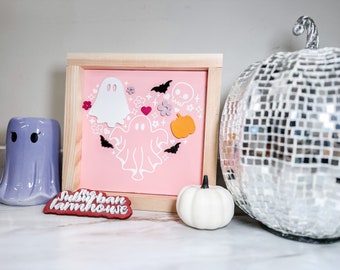 Cute Pink Halloween Ghost Decor - Retro Groovy Halloween Decor - Suburban Farmhouse - Spooky Season Decor - Trendy 2023 Halloween Decor