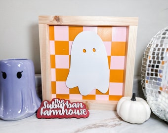 Cute Pink Orange Checkerboard Halloween Ghost Decor - Retro Groovy Halloween Decor - Suburban Farmhouse - Trendy 2023 Halloween Decor