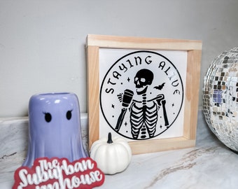 Staying Alive Skeleton Coffee Halloween Ghost Decor - Retro Groovy Halloween Decor - Suburban Farmhouse - 2023 Halloween Decor