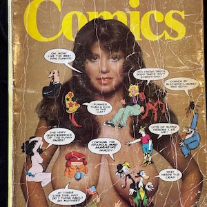 May include: A vintage National Lampoon Comics magazine cover featuring a woman with cartoon speech bubbles and illustrations. The cover has the text "National Lampoon Comics" in large yellow letters and the price $2.50.