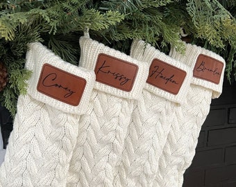 Personalized Christmas Stockings | Leather Patch Name Stockings | Laser Engraved Christmas Stockings