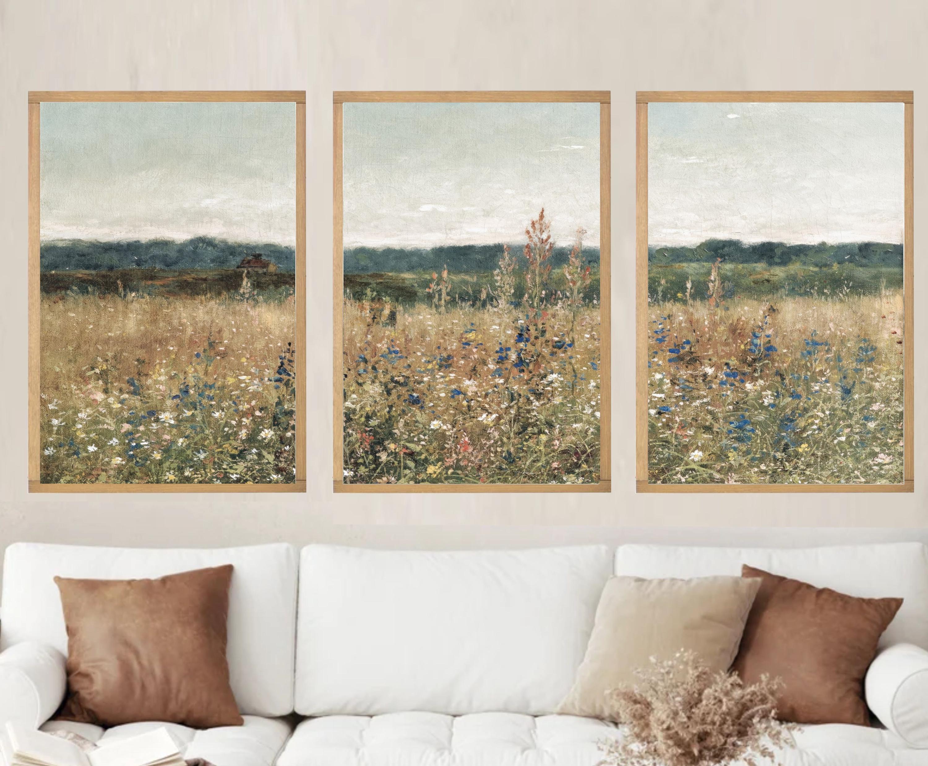 Wildflower Field Set of 3 Prints | Vintage Wall Art | Landscape Painting | Wildflower Field Wall Art | Botanical Wildflower Art Painting