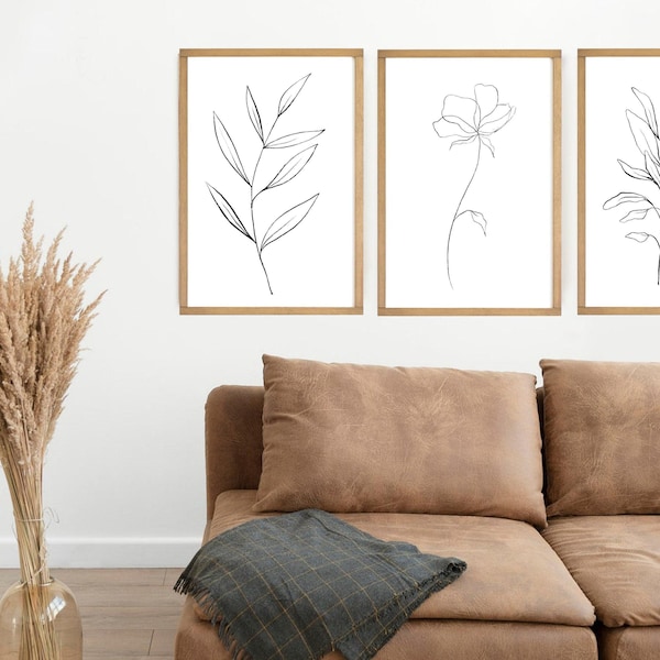 Conjunto de impresiones artísticas de líneas florales: Letreros de madera botánicos minimalistas