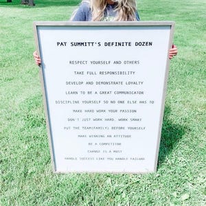 May include: A white wooden sign with black text listing Pat Summitt's Definite Dozen, a set of 12 life principles. The principles include: Respect yourself and others, Take full responsibility, Develop and demonstrate loyalty, Learn to be a great communicator, Discipline yourself so no one else has to, Make hard work your passion, Don't just work hard, work smart, Put the team (family) before yourself, Make winning an attitude, Be a competitor, Change is a must, Handle success like you handle failure.