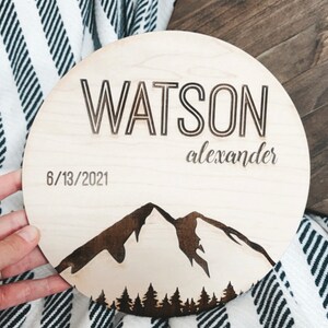 Birth Announcement Sign | Engraved Wooden Name Sign | Name Announcement Plaque | Wooden Nursery Decor | Newborn Photo Prop | Mountains Tree