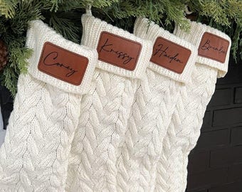 Personalized Christmas Stockings | Leather Patch Name Stockings | Laser Engraved Christmas Stockings