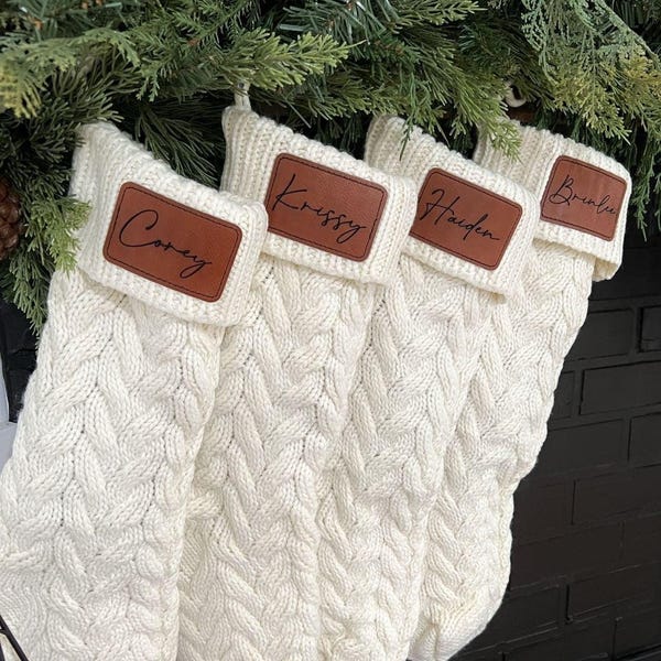 Personalized Knit Christmas Stocking: Laser Engraved Faux Leather Patch
