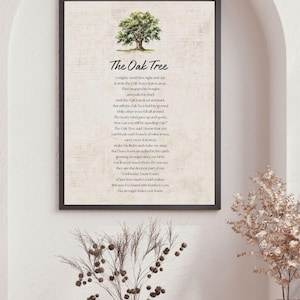 May include: A printable wall art design featuring a watercolour illustration of an oak tree with a poem about the tree. The poem reads "A mighty wind blew night and day It stole the Oak Tree's leaves away Then snapped its boughs and pulled its bark until the Oak was tired and stark But still the Oak Tree held its ground while other trees fell all around The weary wind gave up and spoke How can you still be standing Oak? The Oak Tree said, I know that you can break each branch of mine in two carry every leaf away shake my limbs and make me sway But I have roots stretched in the earth growing stronger since my birth You'll never touch them, for you see they are the deepest part of me Until today, I wasn't sure of just how much I could endure But now I've found with thanks to you I'm stronger than I ever knew"