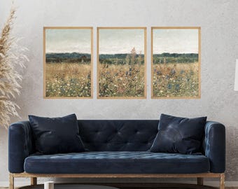 Wildflower Field Set of 3 Prints | Vintage Wall Art | Landscape Painting | Wildflower Field Wall Art | Botanical Wildflower Art