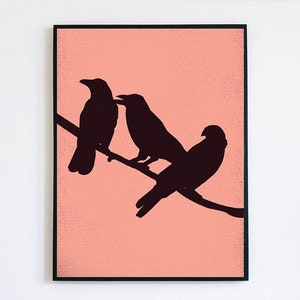 Crow, Bird, Three, Pink, Silhouette, Modern, Art Print, Downloadable Print, Wall Print