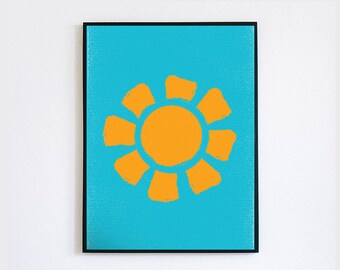Impresión artística minimalista de sol amarillo y azul (descarga digital)