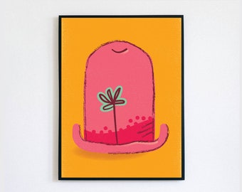 Hat, Flower, Pink, Yellow, Minimalist, Modern, Art Print, Downloadable Print, Wall Print