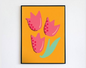 Tulips, Flower, Pink, Yellow, Minimalist, Modern, Art Print, Downloadable Print, Wall Print