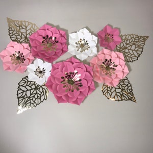 Pink, White and gold paper flowers set. Pink Bridal and baby shower backdrop. Pink girl room. Nursery decor. Pink nursery decoration