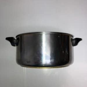 May include: A stainless steel cooking pot with a polished metallic finish and two black heat-resistant side handles. The pot features a cylindrical body with a flat base and a slightly flared rim, designed for stovetop use in a kitchen setting.