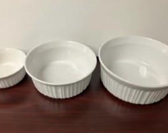 Set of 3 Corning Ware French White Souffle Dishes.