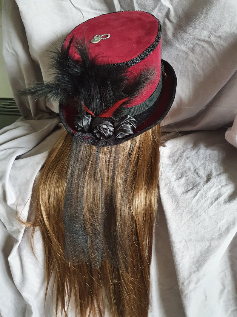 New dark red velvet steampunk top hat removable goggles 401 | Etsy