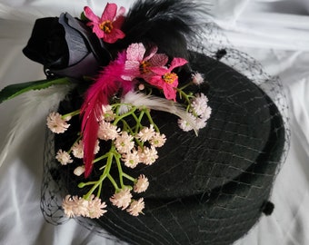 New black pillbox fascinator hat, vintage 1920's 30's 40's with flower decoration (507)
