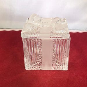 Vintage-Trinket Box-Clear-Glass-Frosted-Poland-24% Lead Crystal-Box-Ribbon-Home Decor