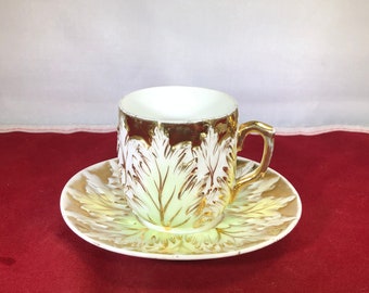 Vintage-Teacup-Saucer-Gold-White-Green-Serving Ware-Dishware-Cup-Saucer