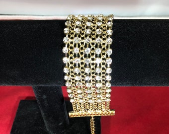 Vintage-Bracelet-Antiqued Gold-Rhinestones-Jewelry-Accessories