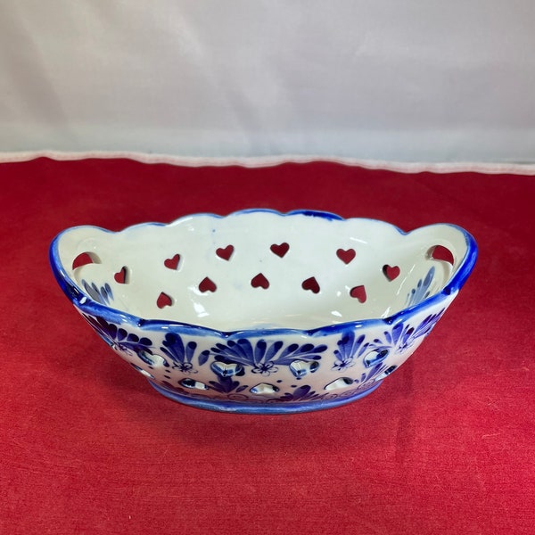 Vintage-Bowl-Blue and White-Handles-Hearts-Windmill-Flowers-Serving Ware-Home Decor