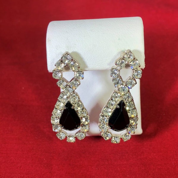 Vintage-Earrings-Tear Drop-Rhinestones-Black-Jewelry-Silver-Accessories